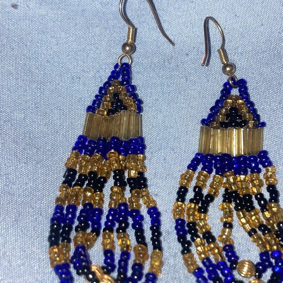Vintage Blue & Gold Beaded Drop Earrings - Women Jewelry - Picture 2 of 3